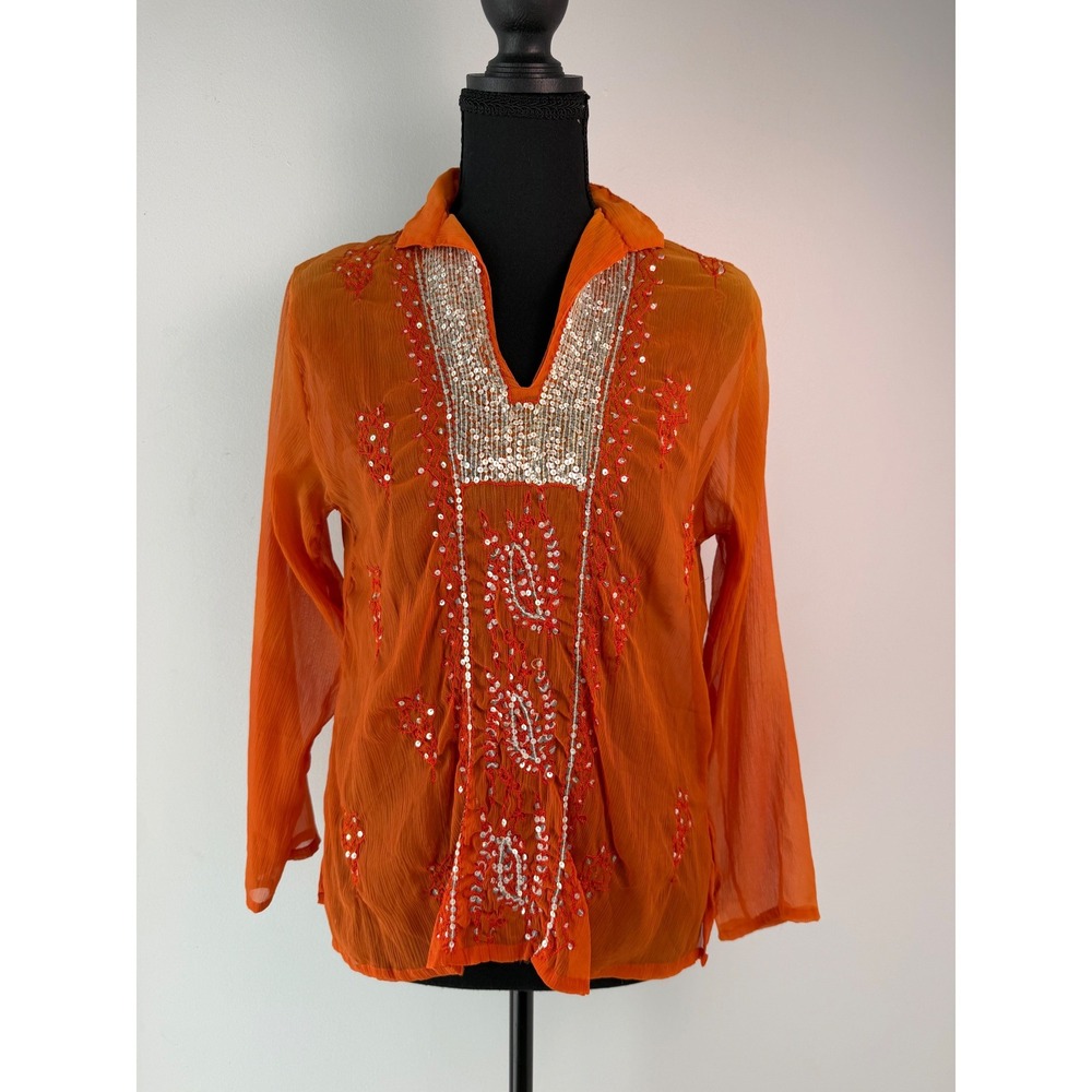 Boho Embroidered Festival Hippie Y2K 2000s 70s Revival Sheer Orange Blouse M